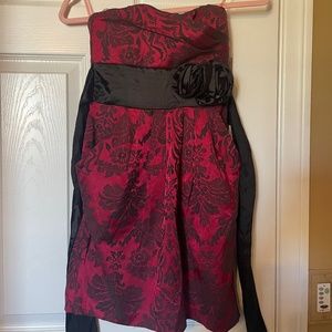 Red and black Floral Strapless Dress